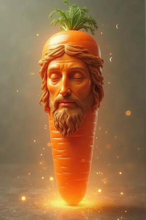 Oversized carrot with face of Jesus. The carrot has a holy glow