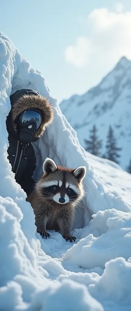 A photo of a snow-laden mountain with a cute, extra fluffy baby raccoon embedded in it. There is a person in an explorer suit looking from behind. The background is vast and unexplored.