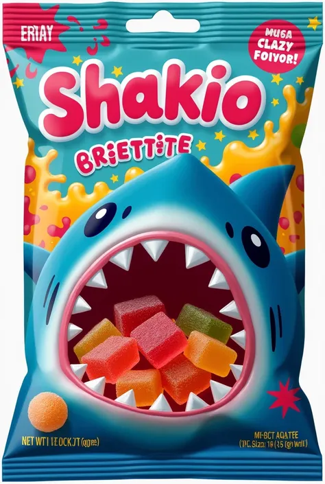 Create a shark-shaped gummy packaging with a LOKO SABOR theme, The gummies have to be in the shape of a shark