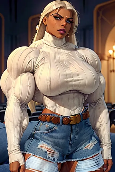 ((Close-up)), tall, (White hair) beautiful muscular woman, long straight hair, brown skinned, closed smile, large breast, (black lipstick), (massive muscles), (hyper muscle), (((ginormous bulky muscles))), blue eyes, ((((White long sleeve turtleneck sweate...