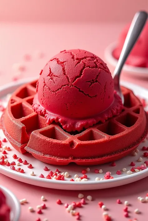 Make me a red waffle with a red scoop of ice cream on it and have sprinkles and a spoon on it. 