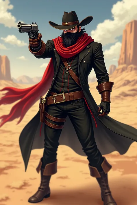 an anime character:
bald, red eyes, dark brown skin and medium beard;
black cowboy outfit with red details, leather boots and gloves, hat, wearing a mask and a red scarf;
in the background a desert;
holding a pistol in attack position