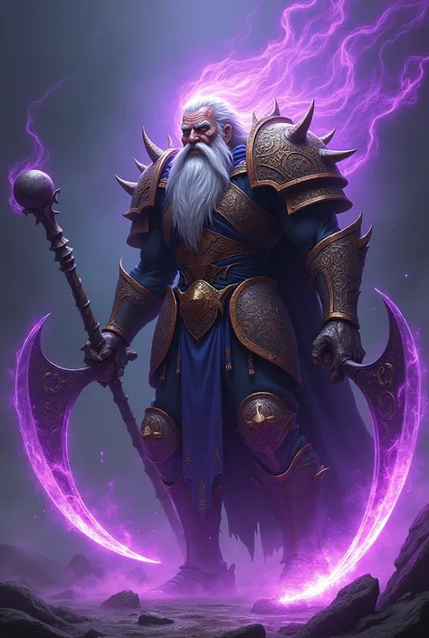 Old man in large armor with purple aura with two retractable scythes in his hand, fire force style