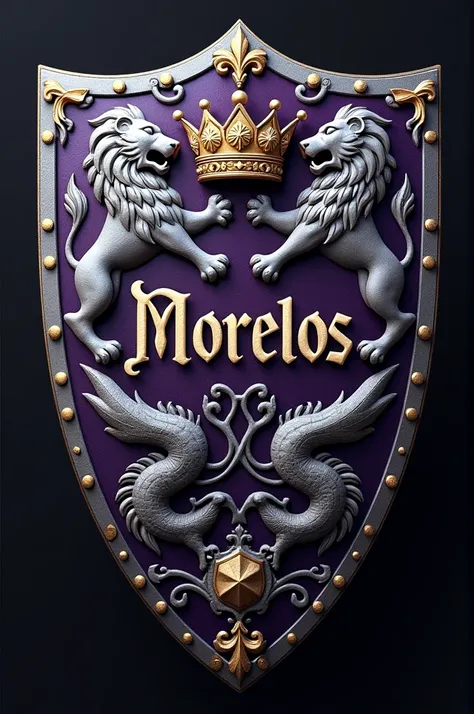 A purple and grey medieval shield with lions, crown and dragons on the back with the name Morelos in the middle 