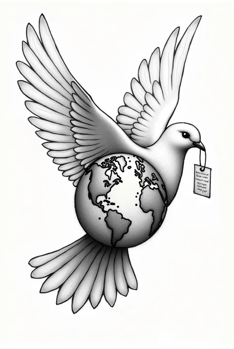  tattoo sketch in drawing style, there must be a planet earth inside the planet a white dove is flying with a message in its beak