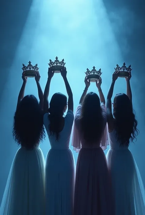 Four girls from behind holding four crowns with a blue light in the background Note: one girl has to have curly hair and brown skin and the others have to have 2B wavy hair and fair skin and they all have to be adults