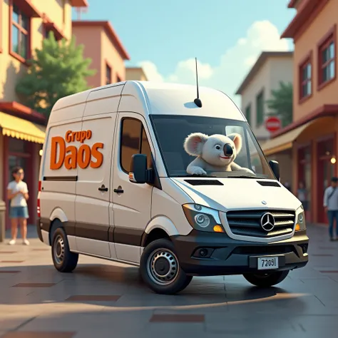 Realistic image of a white Mercedes van with a happy koala and the name of Grupo Daos embossed in orange. Parked in a shopping center 