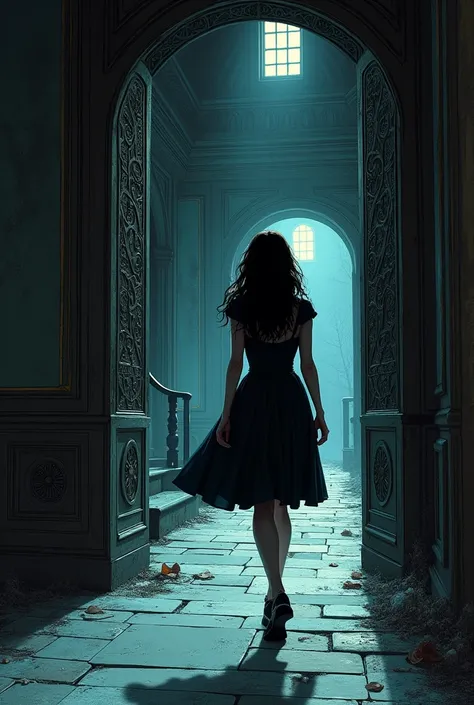 Virginia Otis,  (brunette hair, dark eyes), thin, cute face, walks at night in Canterville Castle (inspired by the novel The Canterville Ghost). aged 1890 Victorian dark fantasy
an award-winning (photo realistic 1.2) ((masterpiece)),((best quality)),((high...