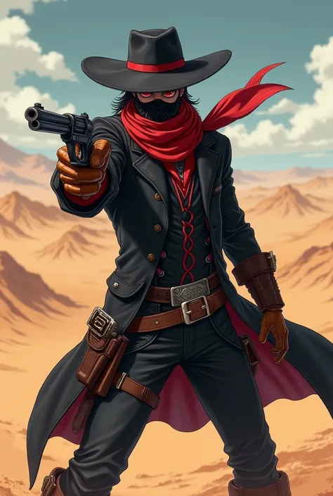 an anime character:
bald, red eyes, dark brown skin and medium beard;
black cowboy outfit with red details, leather boots and gloves, hat, wearing a mask and a red scarf;
in the background a desert;
holding a pistol in attack position