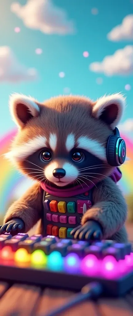 A photo of a cute extra fluffy baby raccoon wearing a gamer outfit, growling while playing on a vibrant rainbow-themed keyboard. The raccoons eyes and ears have a kawaii design, and it wears a tiny headset. The background is filled with rainbows, clouds, a...