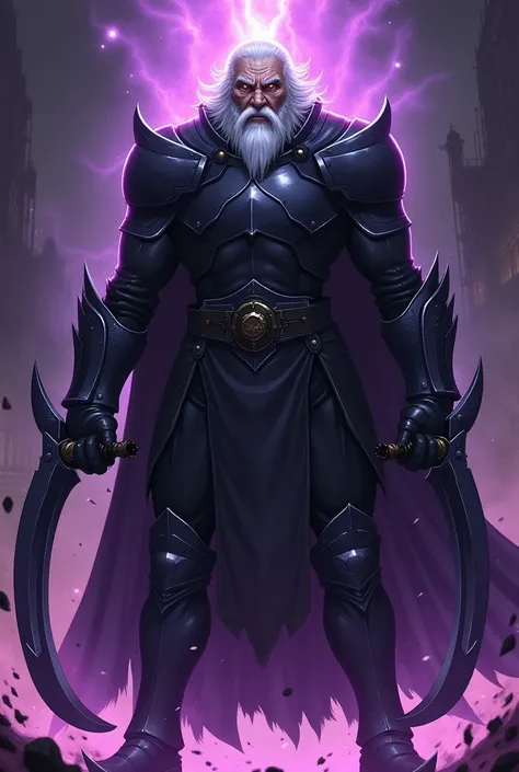 Old man with large black armor with purple aura with two retractable scythes in his hand, fire force style