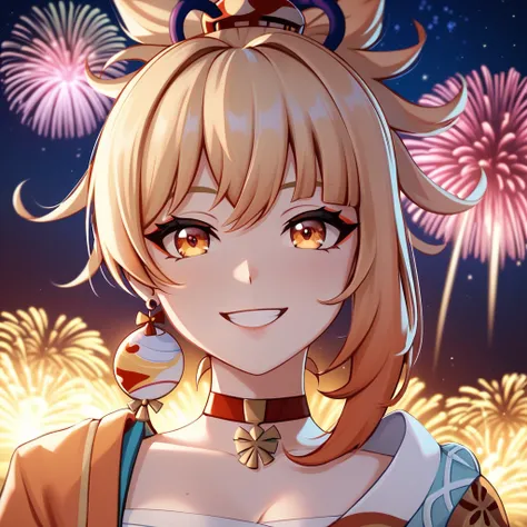 (masterpiece, best quality, highres, ultra-detailed, 8k, 4k), artbook, anime coloring, CG, illustration , fantasy, mksks ,1girl, solo, earring, choker, background is a huge ornate circular pattern, smile, happy looking at viewer, fireworks, stars, night, o...