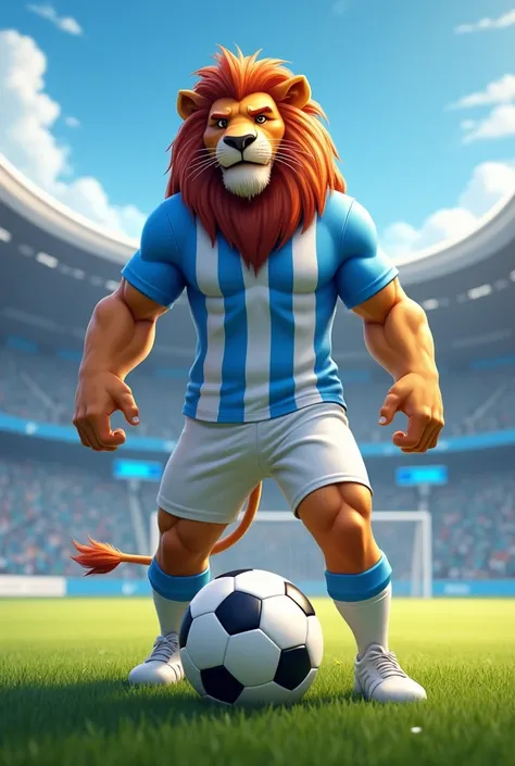 Animal lion soccer player soccer uniform sky blue and white striped white shorts sky blue poles 