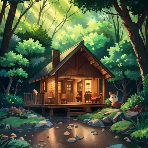 a small cozy wooden cabin in the middle of a forest, a cute little wooden house, warm atmosphere, a small stream in front of the house, cartoon style, 1girl, sitting on the porch, drinking tea, detailed facial features, warm lighting, lush greenery, wooden...