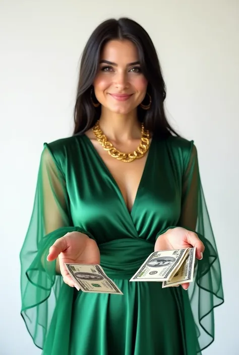 Rich and Beautiful russian girl in green silk dress, black long straight hair, smiling and shining face, wearing normal gold jewellery, holding money in hands, showing to viewer, in white background