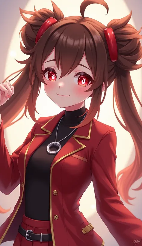 Hu Tao, Masterpiece, best quality, highres, highly detailed, 1 girl, long hair with 2 ponytails , brown hair, red eyes with flower pupils, cute poses, modern outfit, cute smile