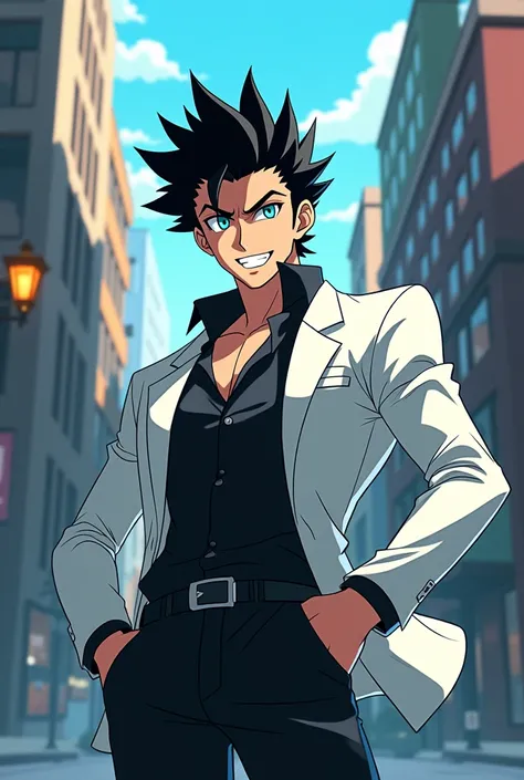 2D anime, Slade, spiky hair, black hair, turquoise blue eyes, white jacket clothes, black pants. Scene on Slade Street smiling like a villain 