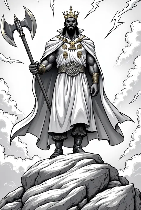 stress free coloring book, page of a tall and strong black man, his robe is adorned with powerful symbols and he wears a shining crown, which shows his greatness and leadership. In one hand, he holds a double axe, which is very important to him. The axe ha...