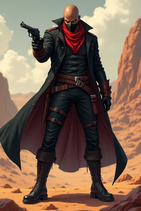 an anime character:
bald, red eyes, dark brown skin;
black cowboy outfit with red details, leather boots and gloves, hat, wearing a mask and a red scarf;
in the background a desert;
holding a pistol in attack position