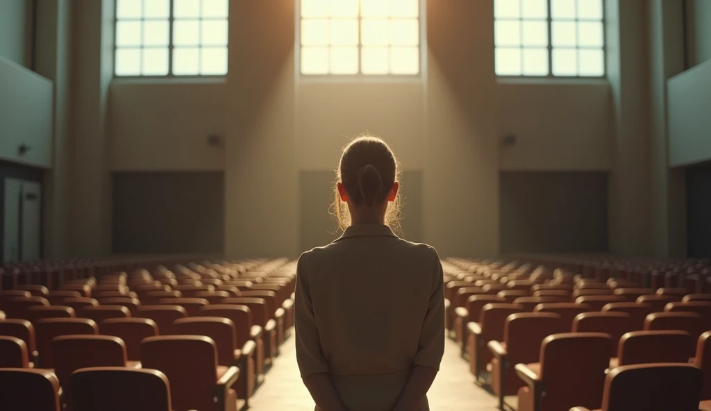 A woman in her mid-30s, with light brown hair tied back, is standing alone in a large, elegant conference hall filled with empty chairs. She has a calm expression, with a faint smile on her lips, as sunlight filters through tall windows, casting a serene g...