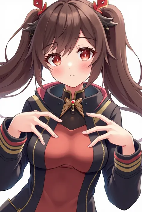 Hu Tao, genshin impact, Masterpiece, best quality, highres, highly detailed, 1 woman, long hair with 2 ponytails , brown hair, red eyes with flower pupils, cool poses, modern outfit, smiling