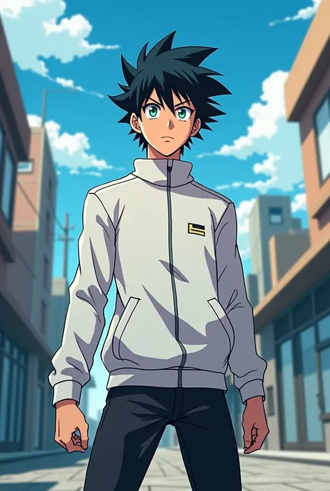 2D anime, Slade, spiky hair, black hair, turquoise blue eyes, white jacket clothes, black pants. Scene on slade street training 