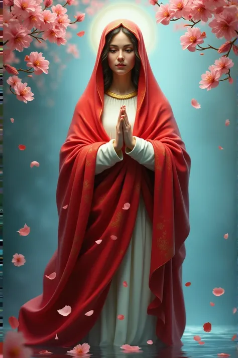 Our Lady of Aparecida with red cloak with cherry blossoms on a blue background with water 