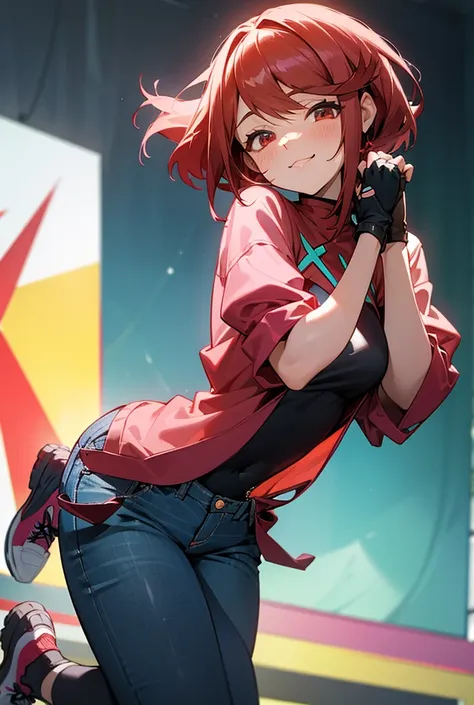 pyra homura, reddish hair in ponytail, long-sleeved shirt, jeans, sneakers, fingerless gloves, room stage, woman to reactive and...