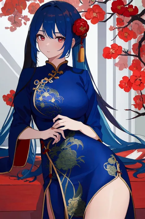 ((best quality)), ((masterpiece)), (detailed), 1girl, chinese clothing, chinese dress, blue clothing, blue hair, red eyes, long hair, large chest, wide hips,