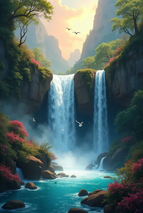 an award-winning ((masterpiece)),((best quality)) 8K, artwork depicting a beautiful, realistic waterfall surrounded by wildlife, illuminated by the warm light of the evening. The scene captures a surreal atmosphere, inviting you to immerse yourself in its ...