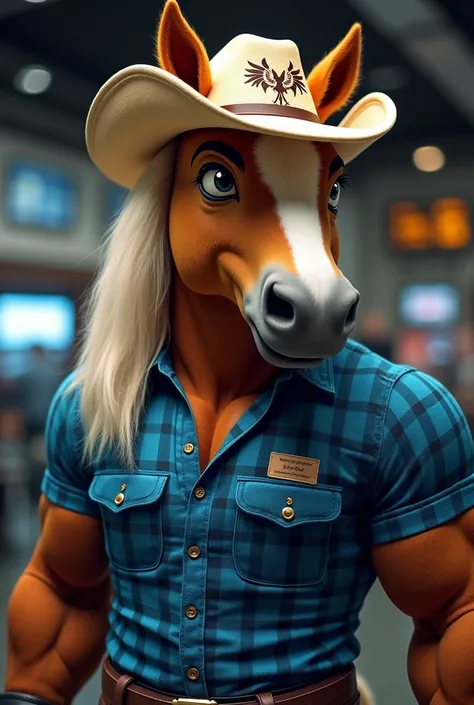 Baby male pony, with manly features, corporate mascot , blue plaid shirt , cowboy hat design Chivi. 