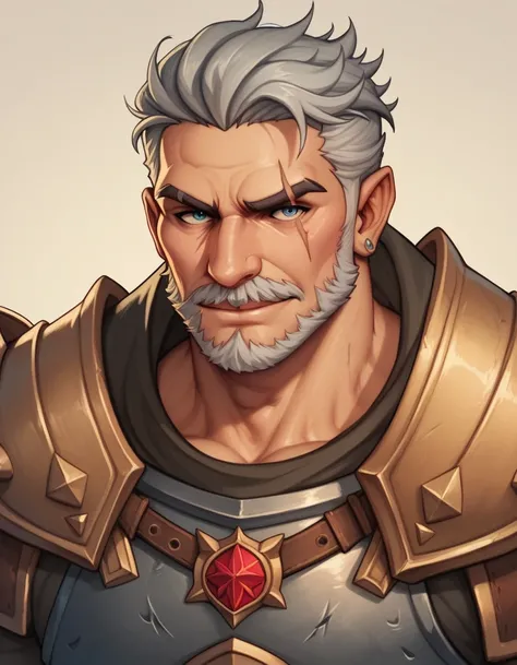 elderly male paladin. salt and pepper, grey-haired. handsome. prominent chin. huge scar through the eye. charismatic, armor. Dungeons and Dragons, face of ezio auditore