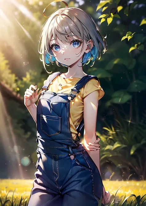 ((((Obra maestra, La mejor calidad, ultrahigh resolution)))), beautiful girl, standing in an open field, (((wearing overalls))), (very short hair in view, in frame), pale skin, ((brown eyes)), (ultra detailed eyes:0.7, beautiful and detailed face, detailed...