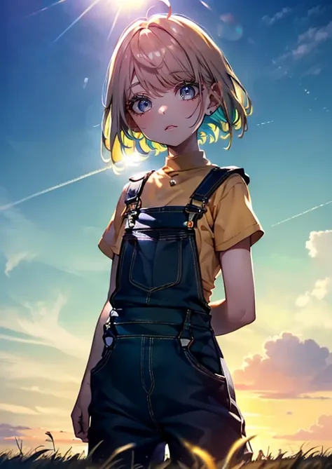 ((((Obra maestra, La mejor calidad, ultrahigh resolution)))), beautiful girl, standing in an open field, (((wearing overalls))), (very short hair in view, in frame), pale skin, ((brown eyes)), (ultra detailed eyes:0.7, beautiful and detailed face, detailed...