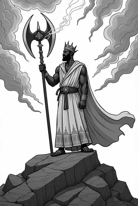 stress free coloring book, page of a tall black man, wearing a robe adorned with powerful symbols, and wearing a crown on his head. In one hand he holds a double axe that shoots lightning, he is on top of a stone mountain, and the night sky is lit up with ...