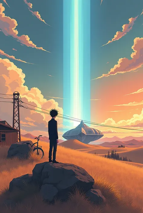 Studio Ghibli-style digital illustration with a 1980s Japanese aesthetic. A young man with black hair in a dark suit stands on a small rocky hill, looking over a landscape of dry grass and hills. A vintage 1980s bicycle lies next to him. In the background,...