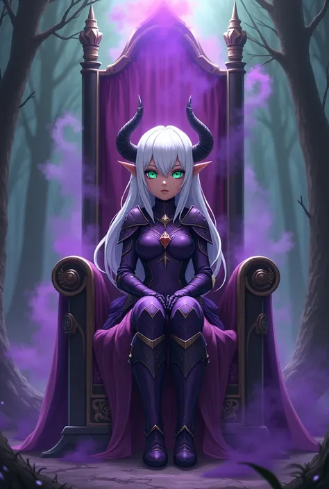 Tanned black skin. Dark elf girl. White hair. small hair. Heart ahoge. Cyan green eyes. Small chest. Sitting on the throne Clothes: demon horns, demon tail, demon wings , full armor purple Mystic magic purple powder Scenary: dark forest , throne anime real...