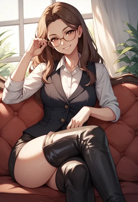 check_9, check_8_up, check_7_up, check_6_up, check_5_up, check_4_up, source_anime, 1 girl,Laura:amber1-000008:1>, Amber5star, upper body, smile, Brown hair, long hair, Brown eyes, Glasses, black vest, White shirt, thigh high boots, crossed legs, I look at ...