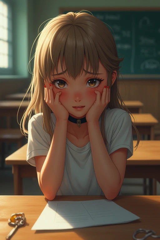 ((Best Quality)), ((masterpiece)), (detailed), NSFW, NSFW, Build something amazing, Black choker, Blonde、Brown Hair　A cheeky high school girl who looks down on adults.Punishment in the classroom.Crying in fear.White ribbed socks. 