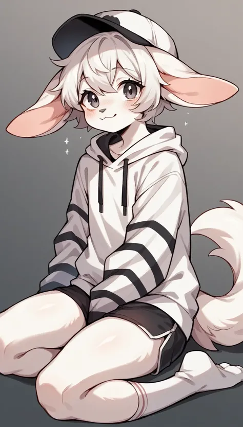 Anthropomorphic character, femboy, female body, cute face, with white fur, large ears, slightly gray nose, short and wavy white hair, hat with visible brim and circular ornament on the top, white sweatshirt, black horizontal stripes on the sleeves of the s...