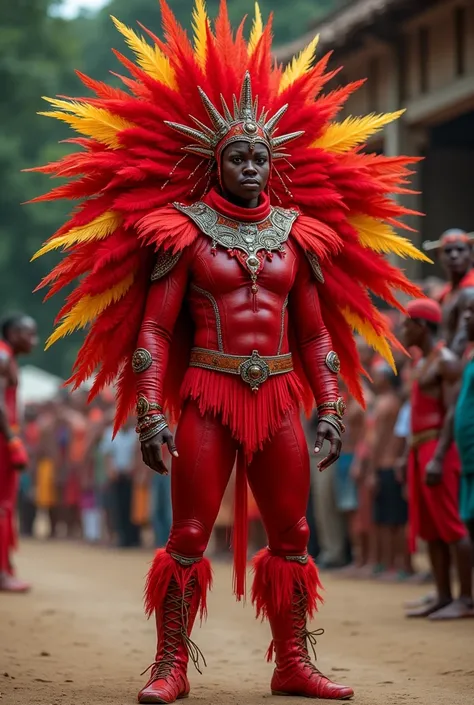 A red suit or costume on the Mataco tribe, They are school groups that compete with each other, I am the leader and I have to make a costume that represents that Feathers, body,