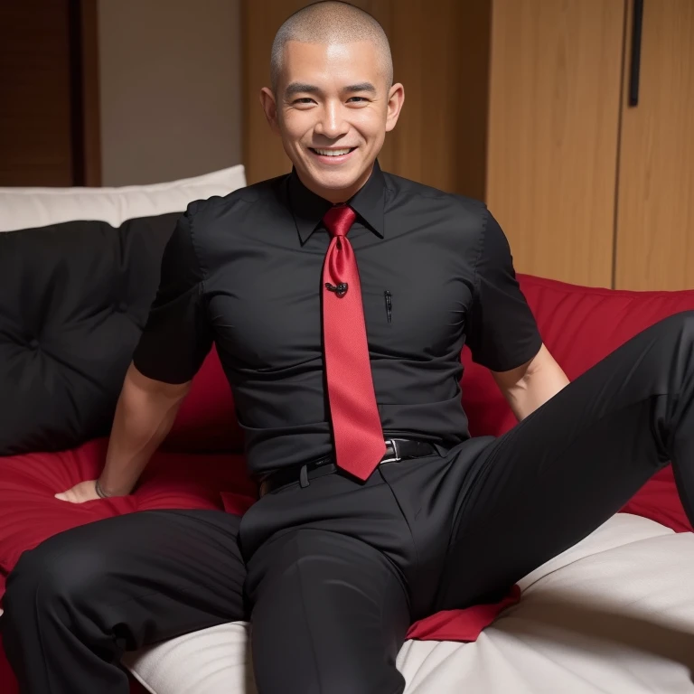 60 year old father,One Man、Buzz cut。Black Shirt、Red tie、black slim pants、indoor、futon、,Muscular、かなり短い短髪Buzz cut、Asian Face　Stubble、Gay、The crotch area is bulging　Scary Smile
