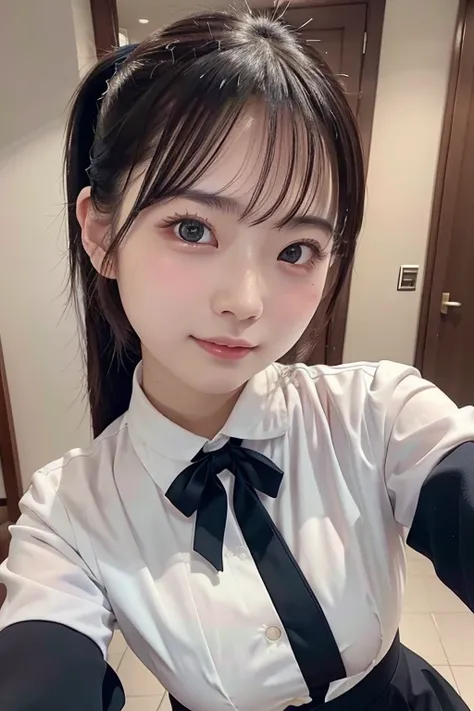 masterpiece、Selfie from below、cute、Happy、uniform、Poses that emphasize breasts and buttocks Ultra-high definition, Folding ponytail, Slanted Eyes, Wearing a white mask, realism, Surrealism, 