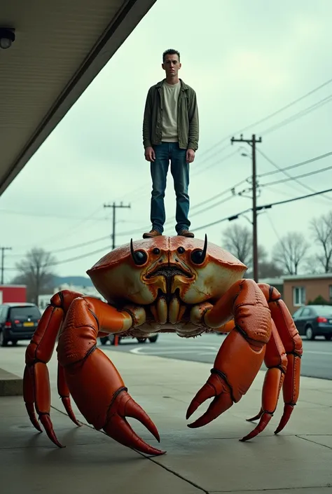 Photo captured by security cameras at a gas station, give a man on top of a crab 