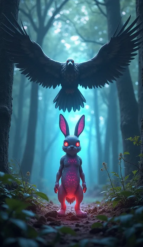 In a dense, mystical forest, a unique Hybrid Rabbit—glowing softly with an otherworldly light—stands before a shimmering portal to a new world. The rabbits fur is a blend of iridescent colors, and its eyes reflect the portal’s mesmerizing hues.

The rabbit...