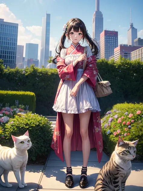 ((Best Quality)), ((masterpiece)), (detailed), 8k、Tokyo Girls Collection、「At the rooftop garden of a Tokyo skyscraper、A female model is photographed wearing a feminine dress.。Colorful flowers bloom at my feet,、Several cats are playing around her。The contra...