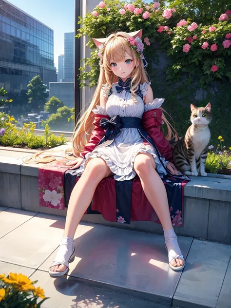 ((Best Quality)), ((masterpiece)), (detailed), 8k、Tokyo Girls Collection、「At the rooftop garden of a Tokyo skyscraper、A female model is photographed wearing a feminine dress.。Colorful flowers bloom at my feet,、Several cats are playing around her。The contra...