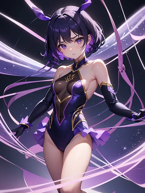 A beautiful rhythmic gymnastics teen girl. The suit completely covers your body.
Carefully crafted dark blue Rhythmic gymnastics leotard with golden heart motifs, crafted with lots of crystals. Thin transparent dark purple short skirt part. With small purp...