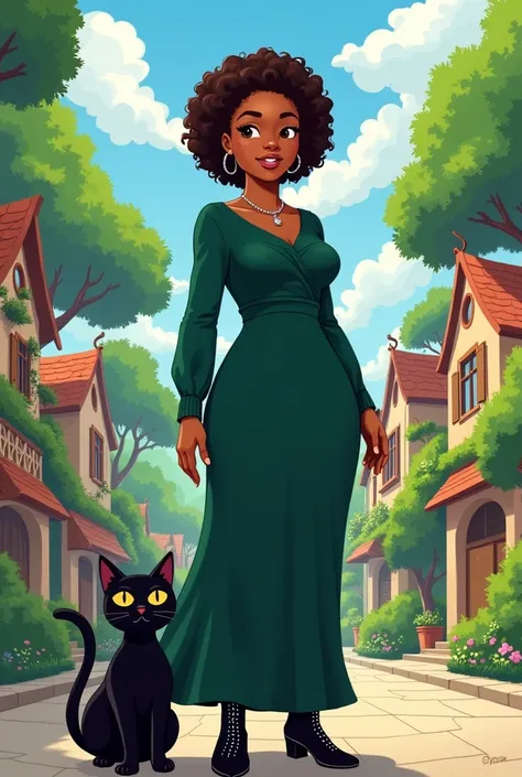 Anime type drawing A strong black average woman,a little chubby,   brown eyes, fine nose, middle mouth, with short, curly hair at ear length,  medium brown, in a long dark green long sleeved dress and black rhinestone boots next to her cat, black with yell...