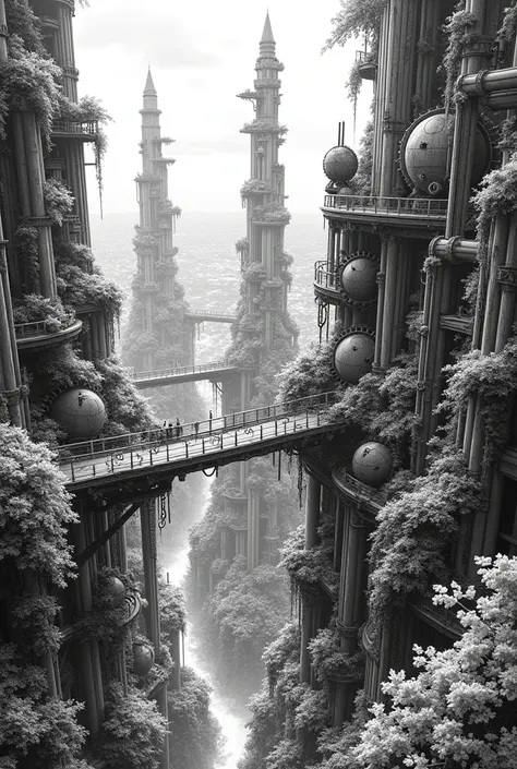 overgrown steampunk city in manga style (black and white) from upper angle